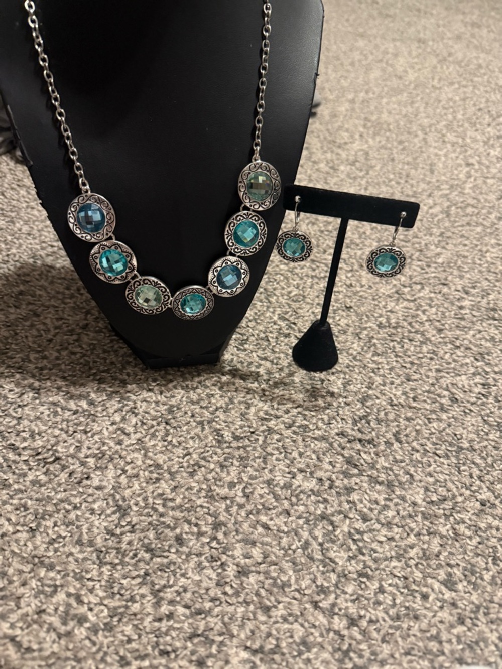 Silver-Tone Teal Crystal Statement Necklace and Earrings Set